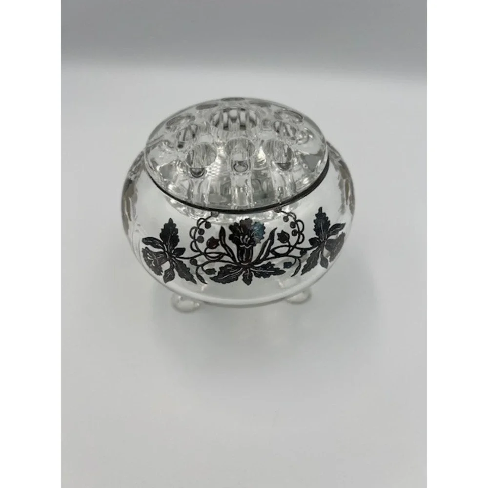 Viking Glass Vintage 3 Footed Rose Bowl Flower Frog Silver Overlay Floral Clear